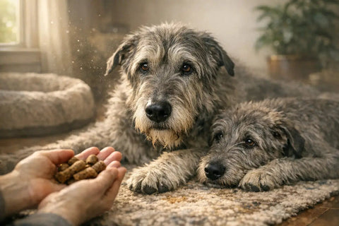 Senior Irish Wolfhound resting peacefully while being supported with thoughtful care