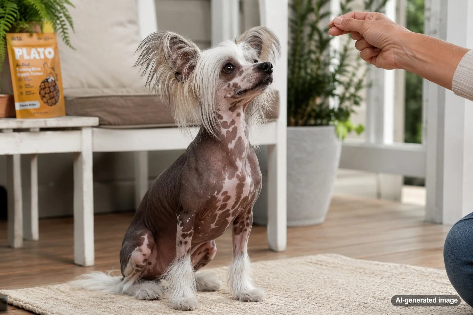 Chinese Crested dog receiving a small treat during a gentle positive reinforcement training session