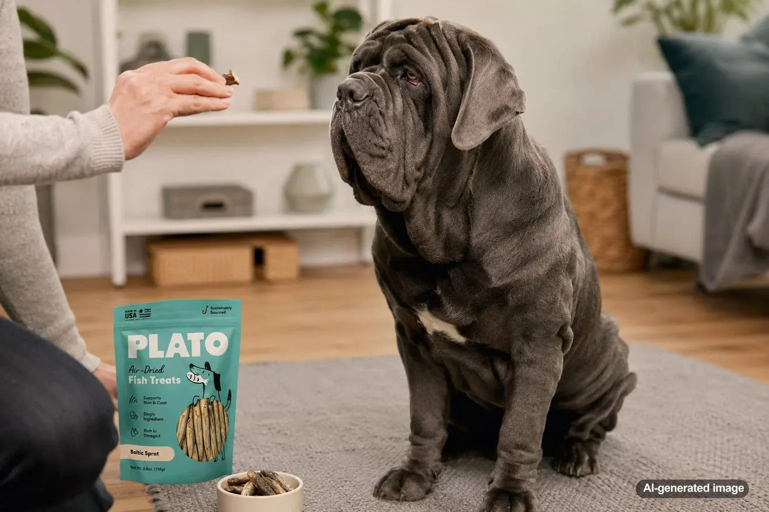 Neapolitan Mastiff practicing gentle treat training with its owner