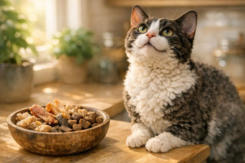 German Rex cat with soft curly coat resting indoors