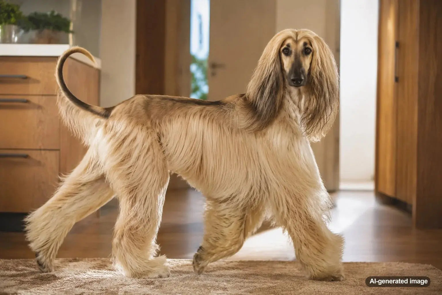 Elegant Afghan Hound with a long silky coat standing outdoors