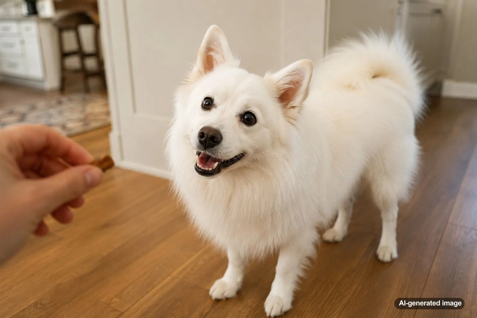Snow-white American Eskimo Dog showing its intelligent playful family-friendly personality