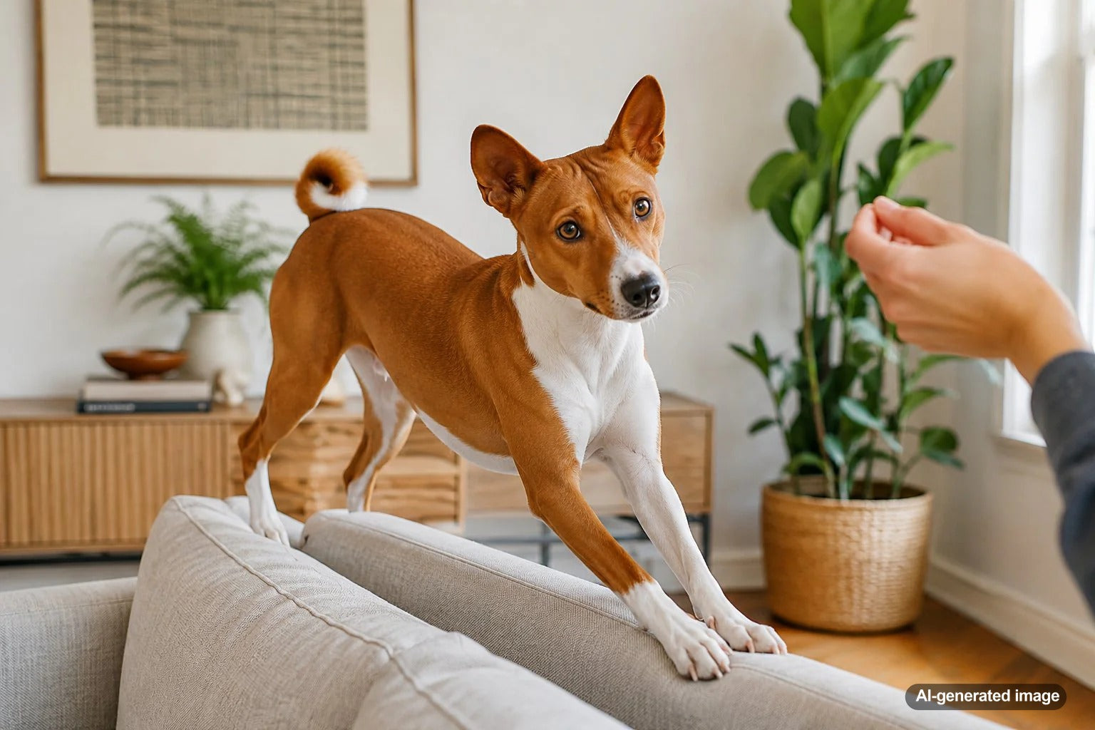 Basenji dog with curled tail and alert expression for a blog about the barkless trickster with catlike habits