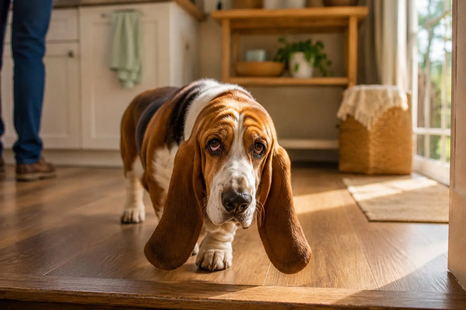 Basset Hound with long ears and soulful eyes enjoying a slow scent-driven walk