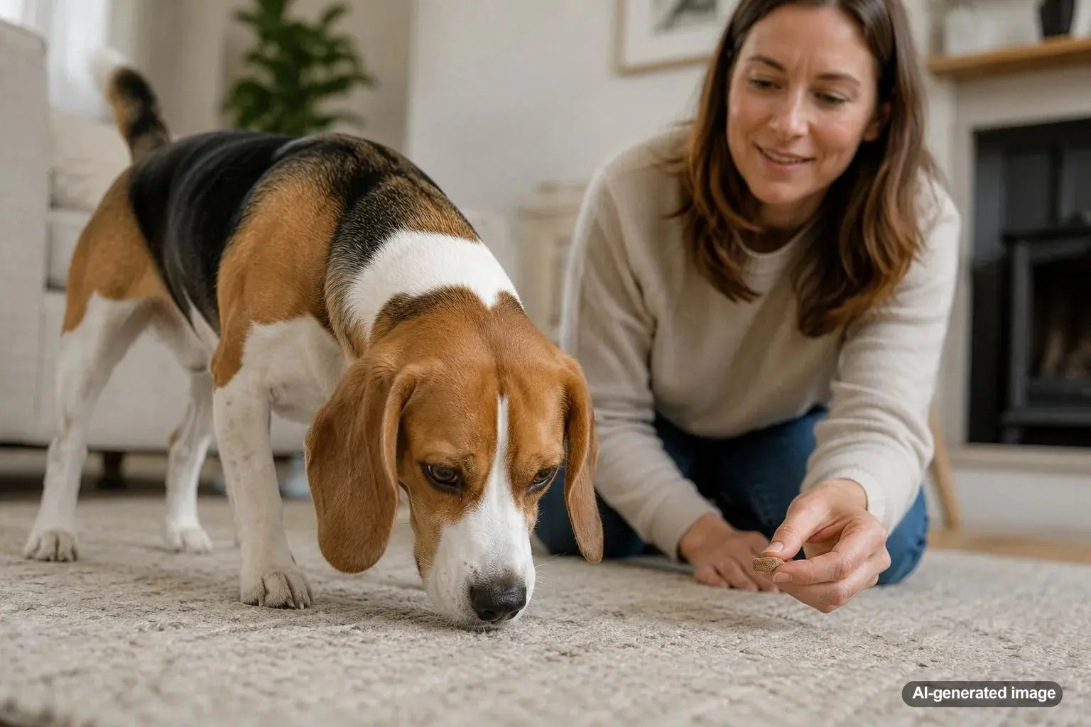 Alert Beagle exploring outdoors with its nose close to the ground while following an interesting scent