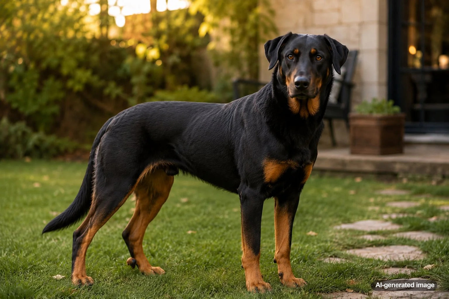 Beauceron French Shepherd standing proudly with a powerful build and distinctive double dewclaws