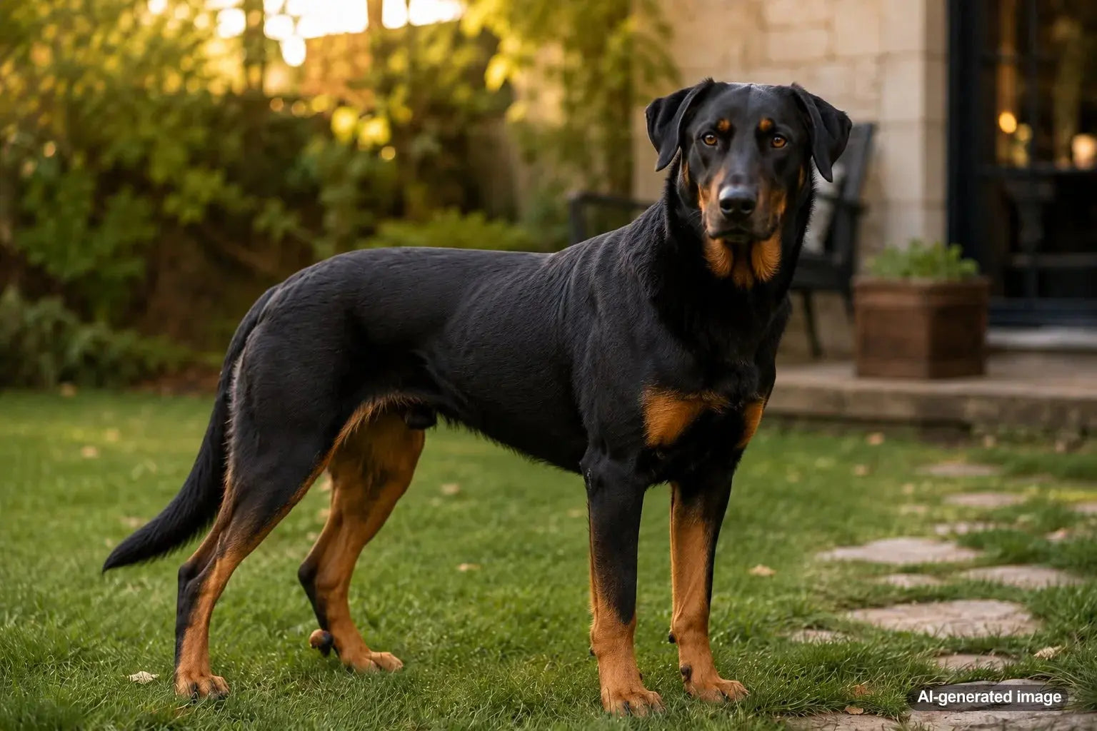 Beauceron French Shepherd standing proudly with a powerful build and distinctive double dewclaws