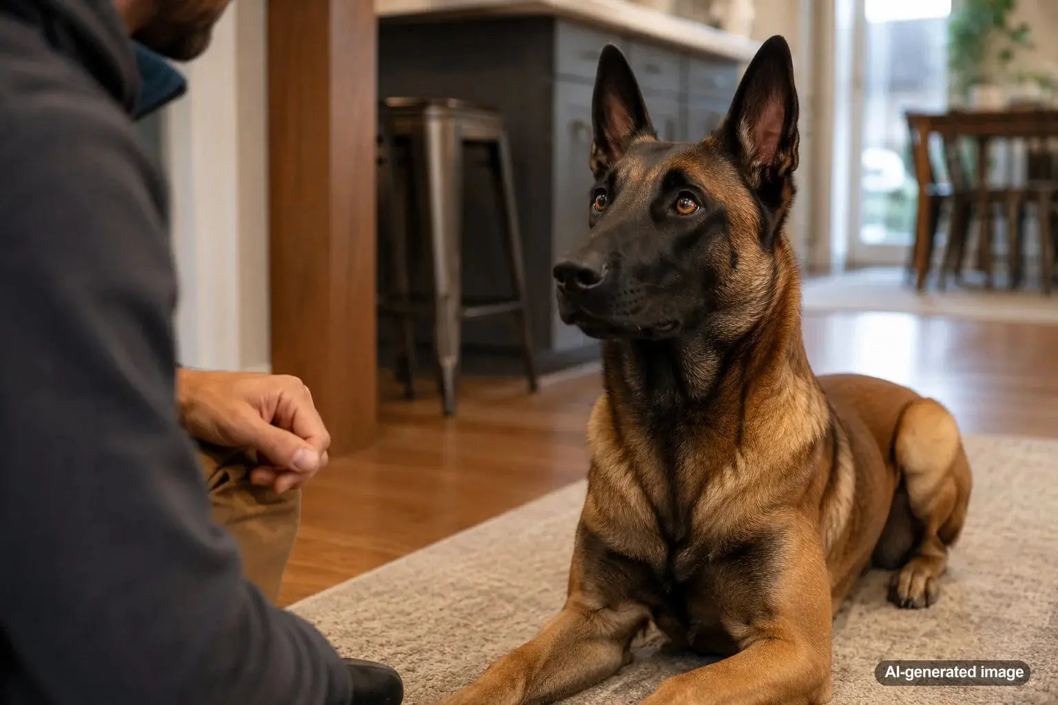 Belgian Malinois training outdoors with a serious handler using high-value dog treats