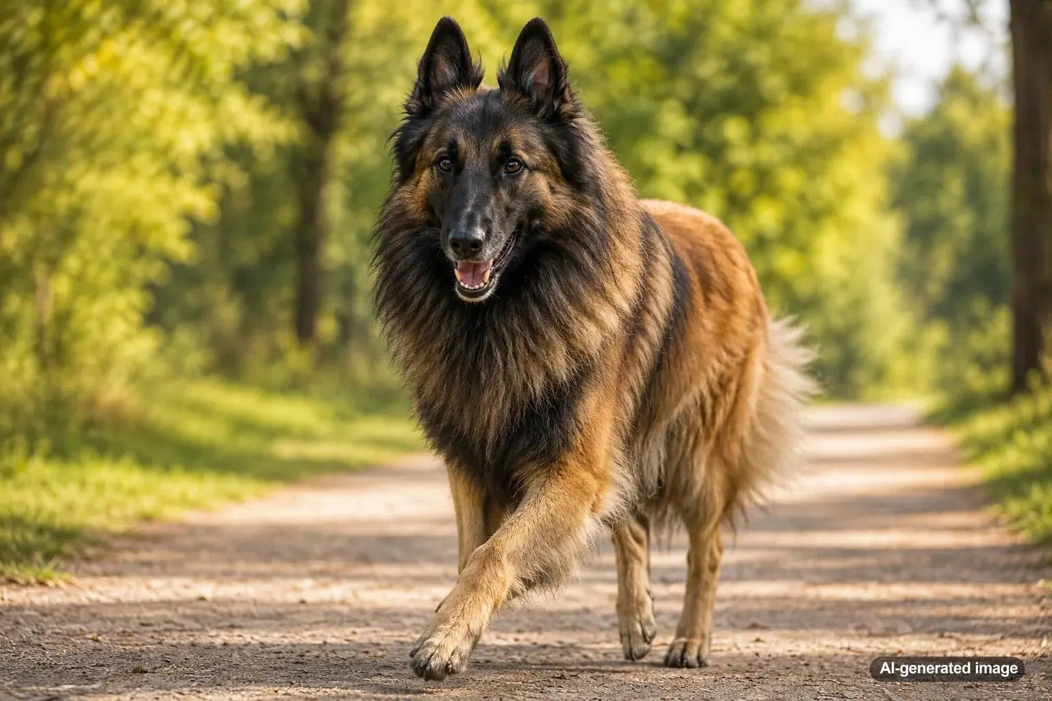 Belgian Tervuren standing alert outdoors with a long fawn and black coat