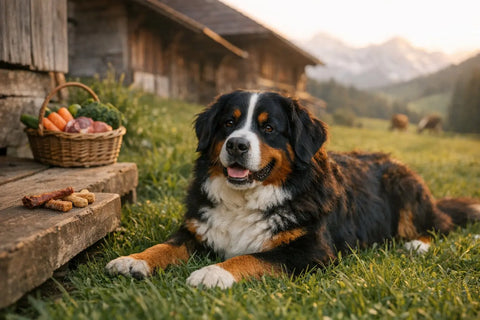 Bernese Mountain Dog standing outdoors showing its tri-color coat and gentle expression