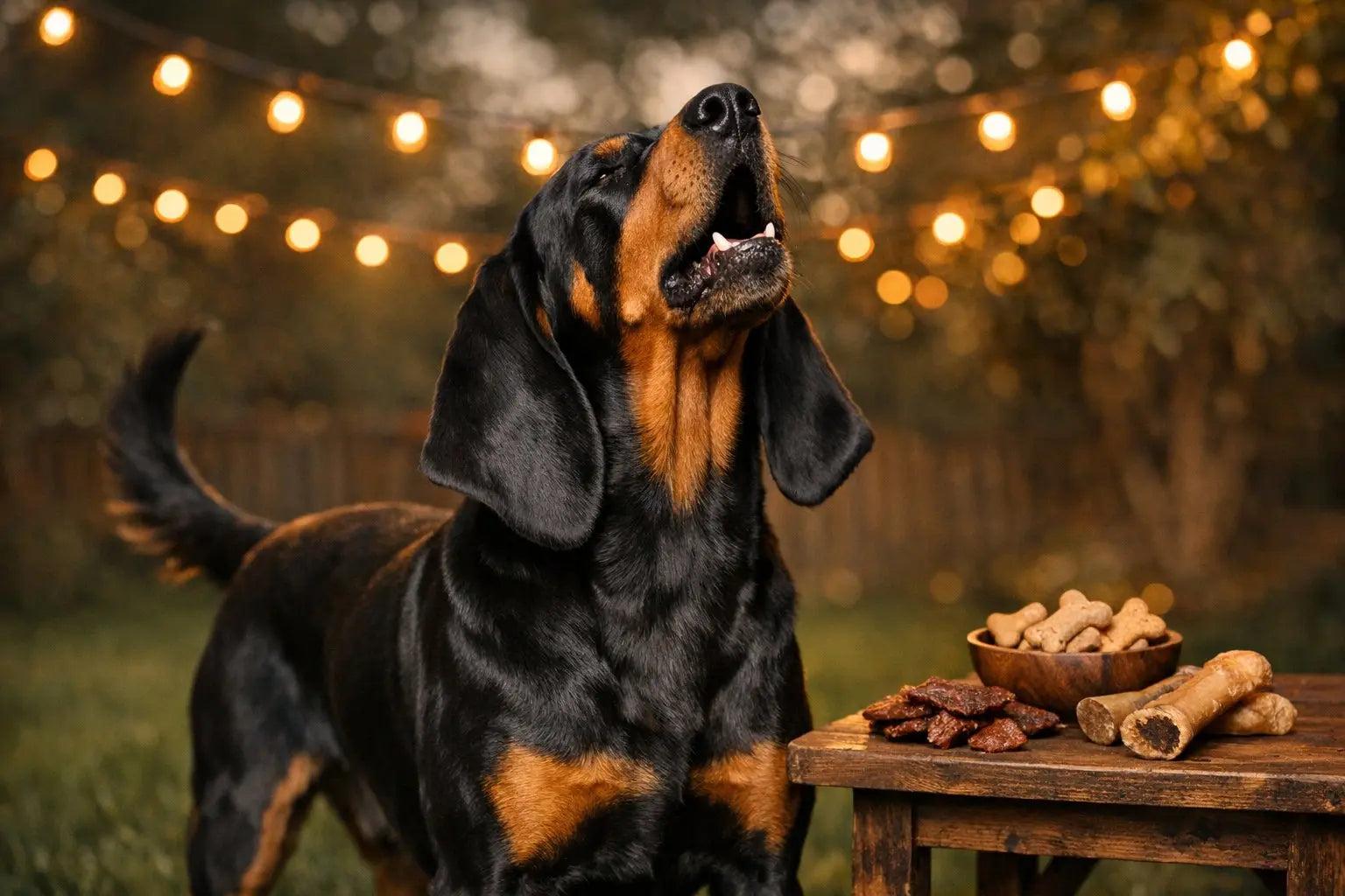 Black and Tan Coonhound standing outdoors with rich black and tan coat and expressive eyes