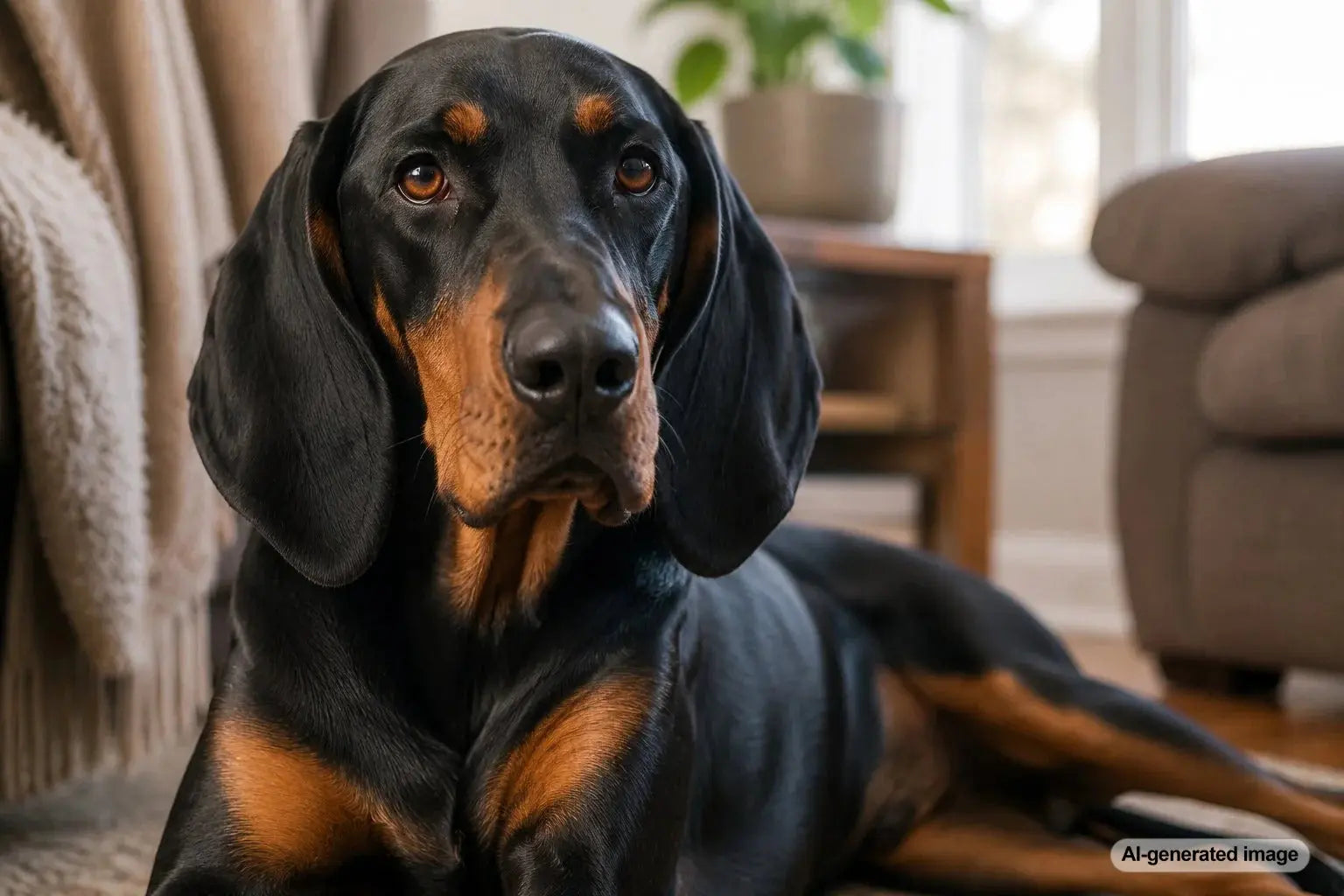 Black and Tan Coonhound standing outdoors at dusk with long ears and distinctive tan markings