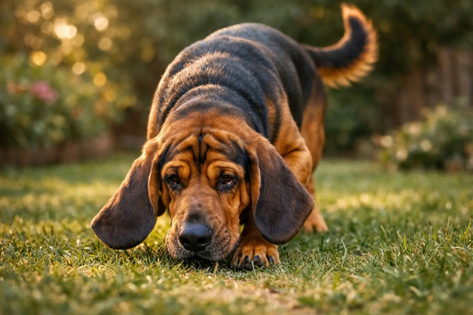 Bloodhound standing outdoors with loose wrinkles and long ears, showcasing the breed known for powerful scent tracking