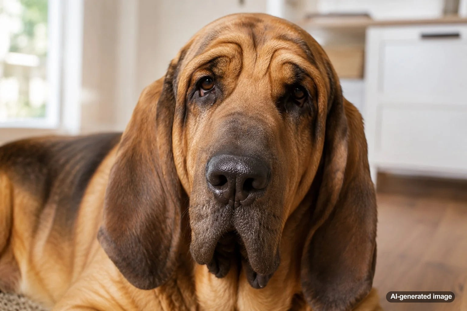 Gentle Bloodhound using its powerful nose while exploring an outdoor trail