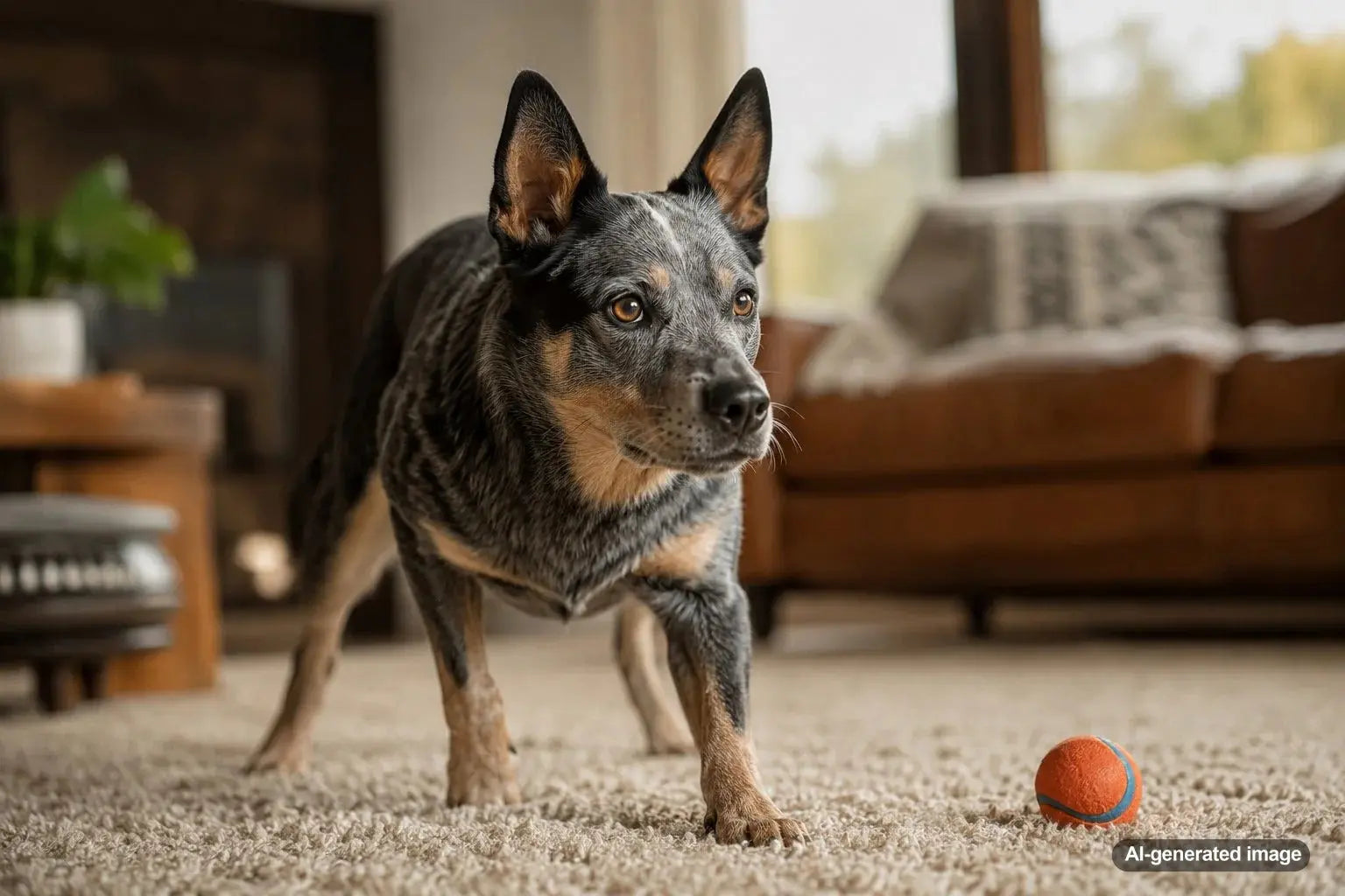 Alert Blue Heeler standing outdoors with the focused expression of an Australian ranch dog