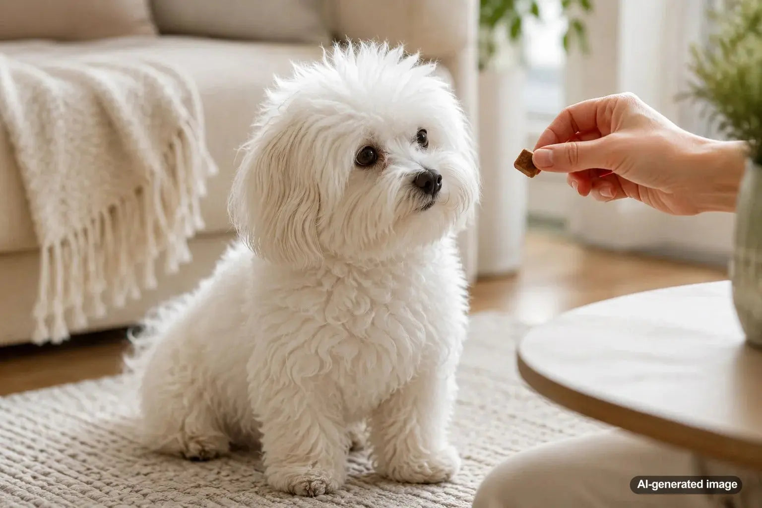 A fluffy white Bolognese companion dog with a sweet, quiet expression