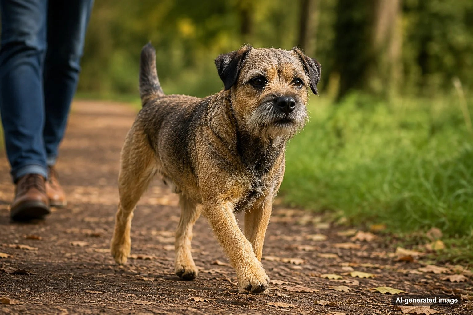 Border Terrier with an otter-like head and wiry coat standing outdoors