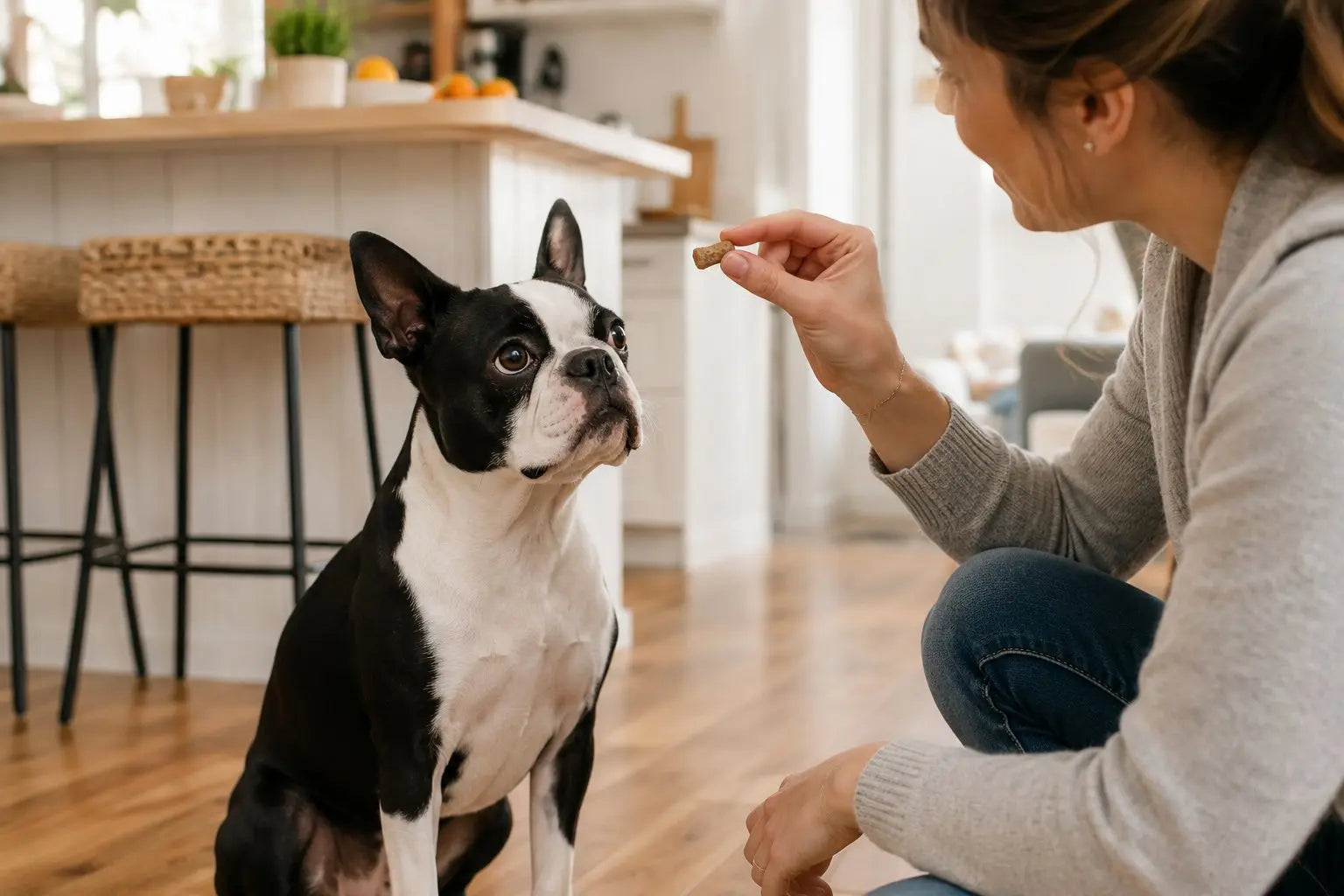 Boston Terrier sitting proudly with tuxedo markings for a Plato Pet Treats breed guide
