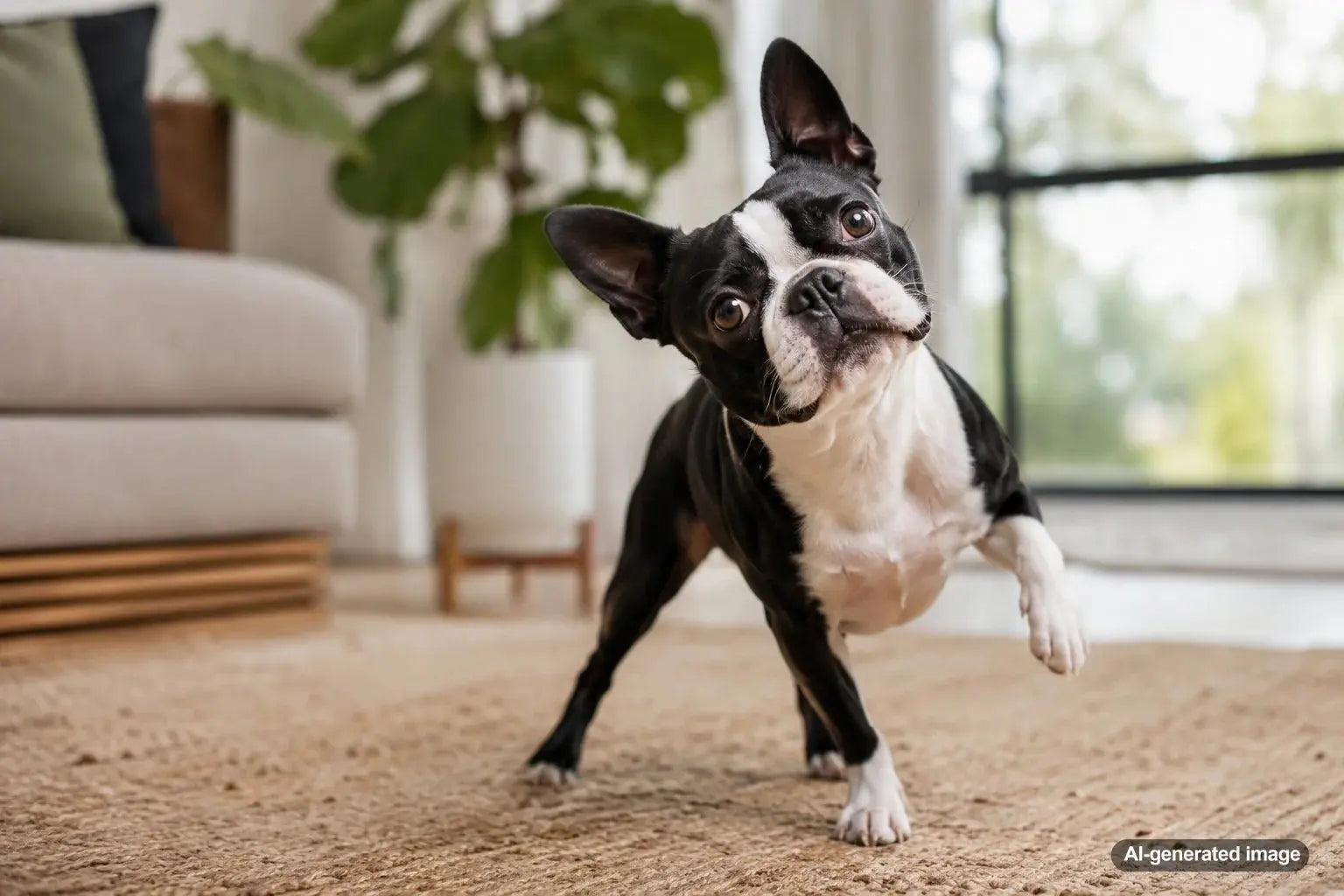 Boston Terrier with tuxedo markings looking playful and expressive for a Plato Pet Treats breed guide