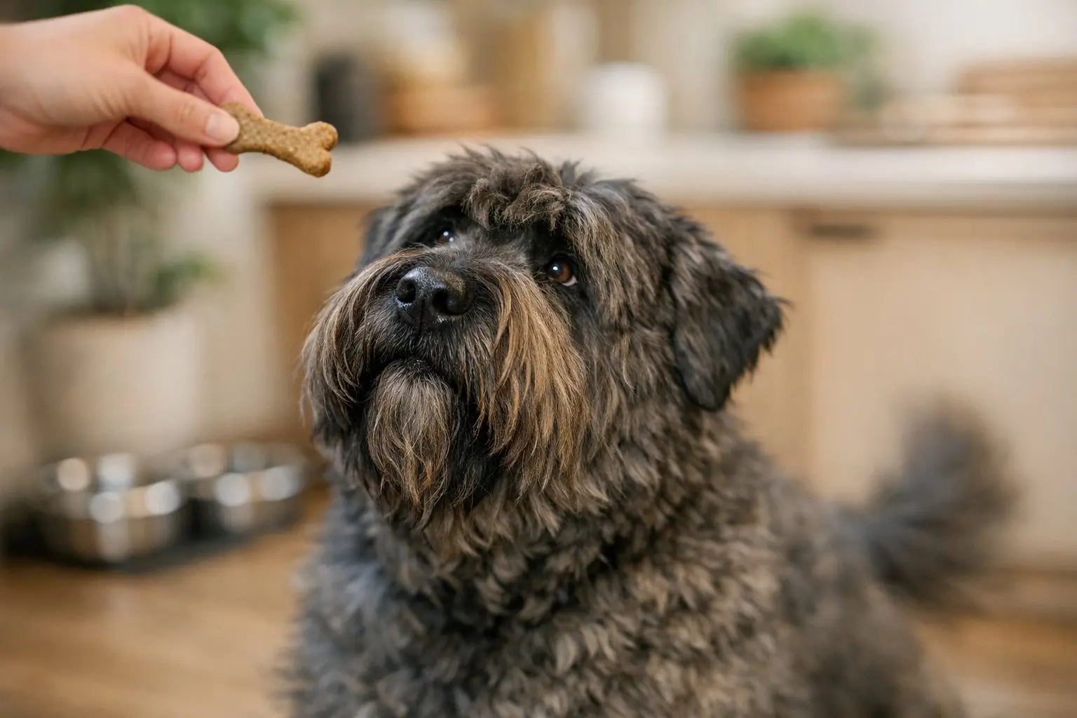 Bouvier des Flandres standing outdoors with a rugged coat, calm expression, and signature mustache