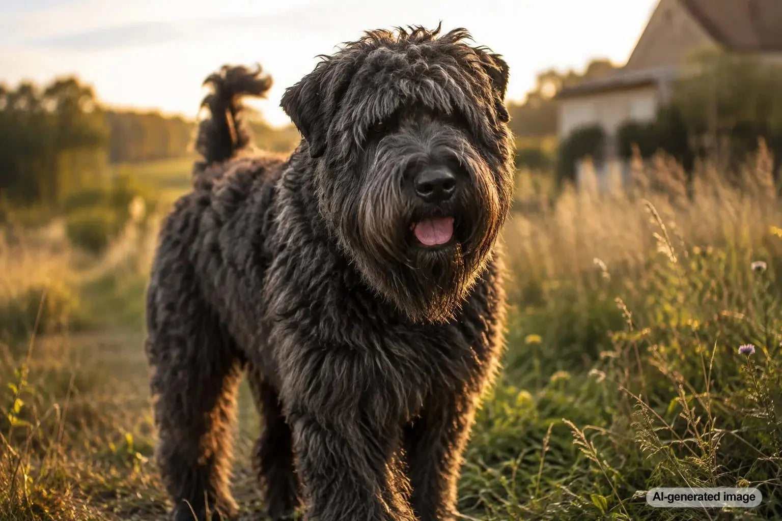 Bouvier des Flandres displaying its rugged coat, distinctive beard, and gentle expression