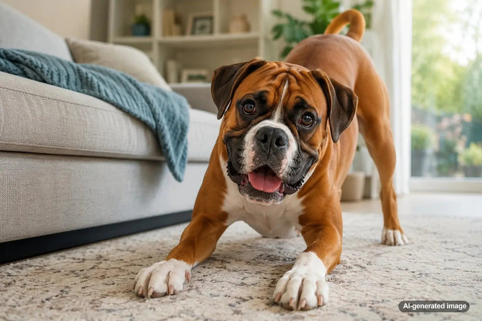 Happy Boxer dog with a playful expression for a breed guide about the bouncy clown with a big heart