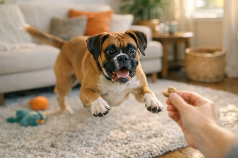 Playful Boxer dog showing its goofy and friendly personality