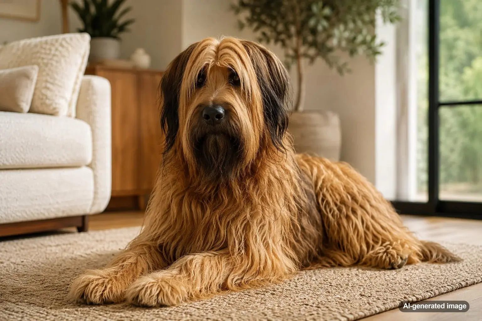 A Briard dog with a long flowing coat enjoying a warm, realistic pet lifestyle setting