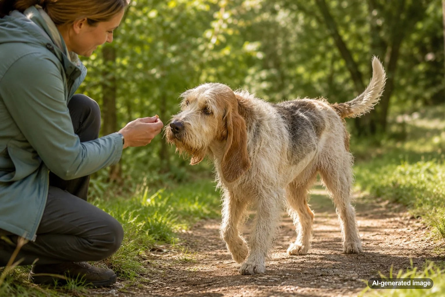 Scruffy Briquet Griffon Vendeen scent hound exploring outdoors