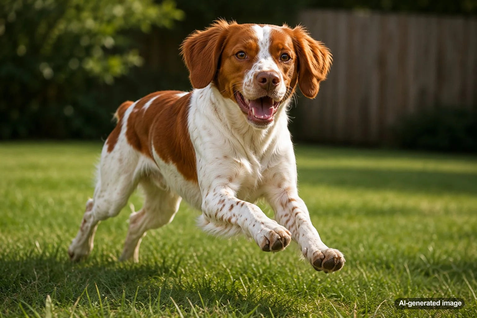 Energetic orange and white Brittany sporting dog outdoors with an alert expression