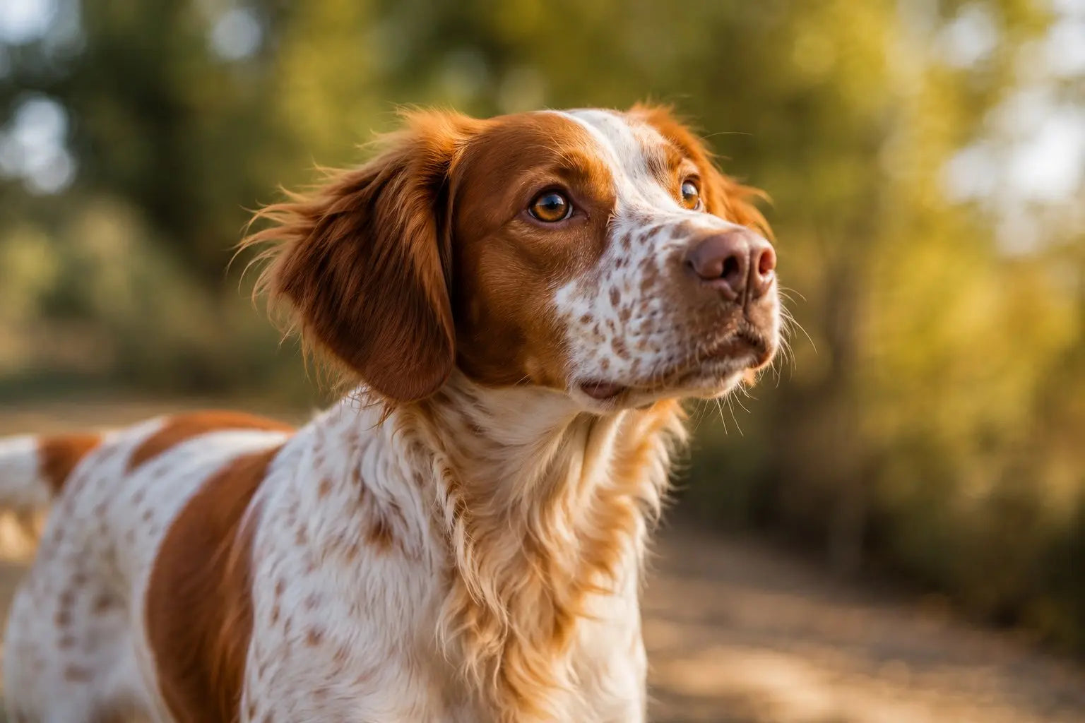 Happy Brittany dog standing outdoors, representing the energetic, eager-to-please bird dog personality