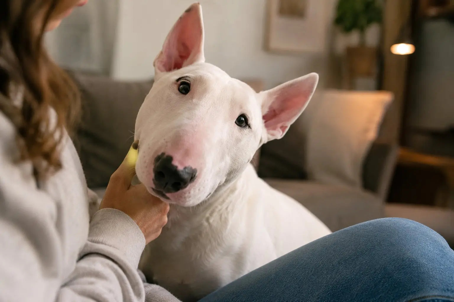 Playful Bull Terrier with an egg-shaped head enjoying an active, affectionate life with its family