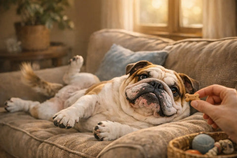 Bulldog lounging comfortably with signature wrinkled face and relaxed expression