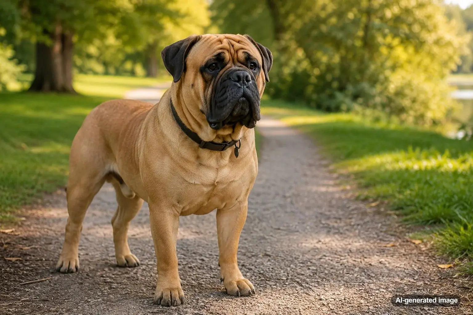 A calm Bullmastiff resting at home with a gentle protective expression