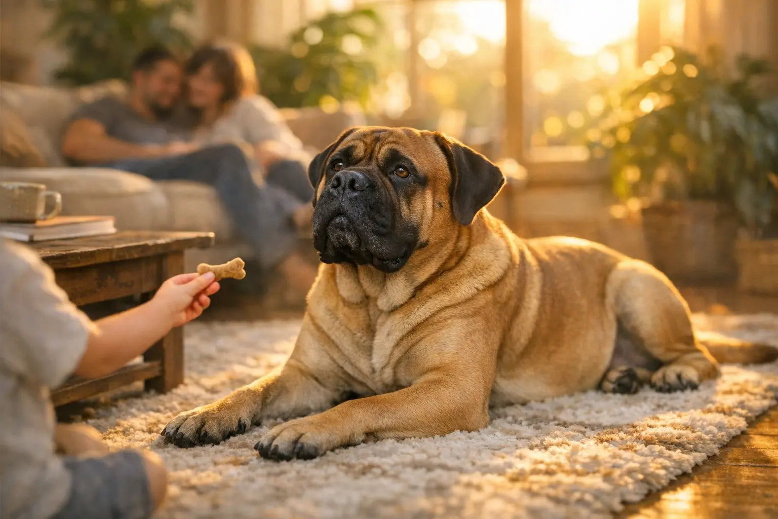 Bullmastiff standing outdoors with a calm, watchful expression, illustrating the breed's powerful, loyal, and quietly observant nature