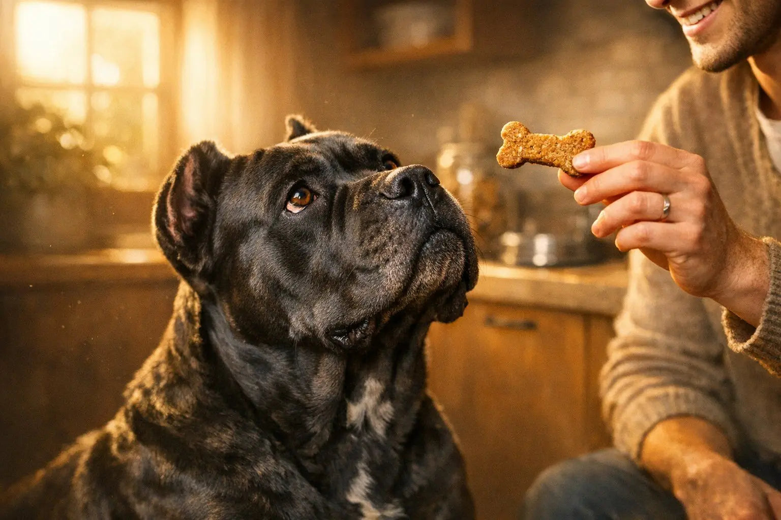 Cane Corso standing alert outdoors, showing the calm, powerful, and devoted presence of this ancient Roman guardian dog