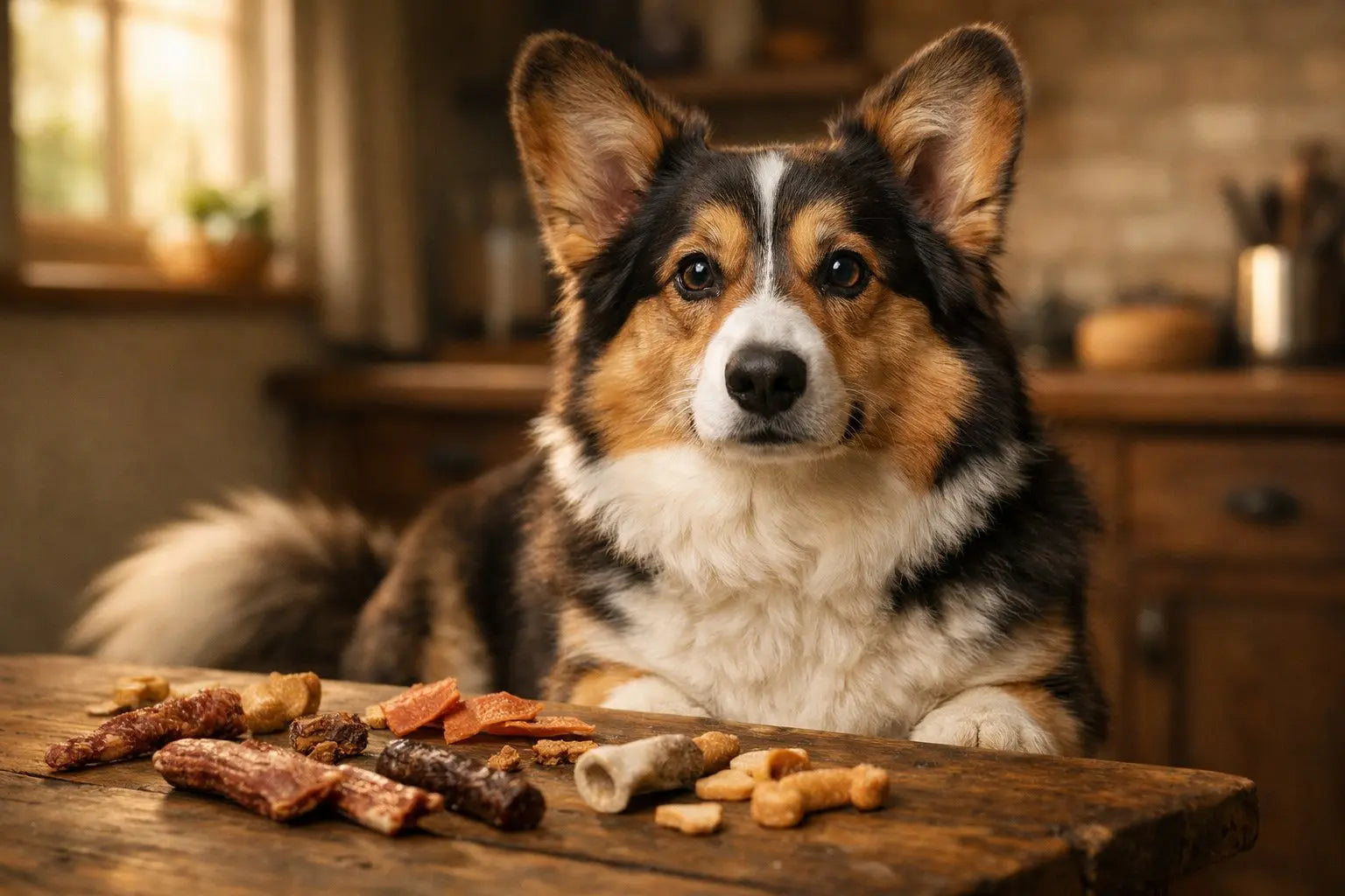 Cardigan Welsh Corgi standing outdoors showing its long tail and loyal expression