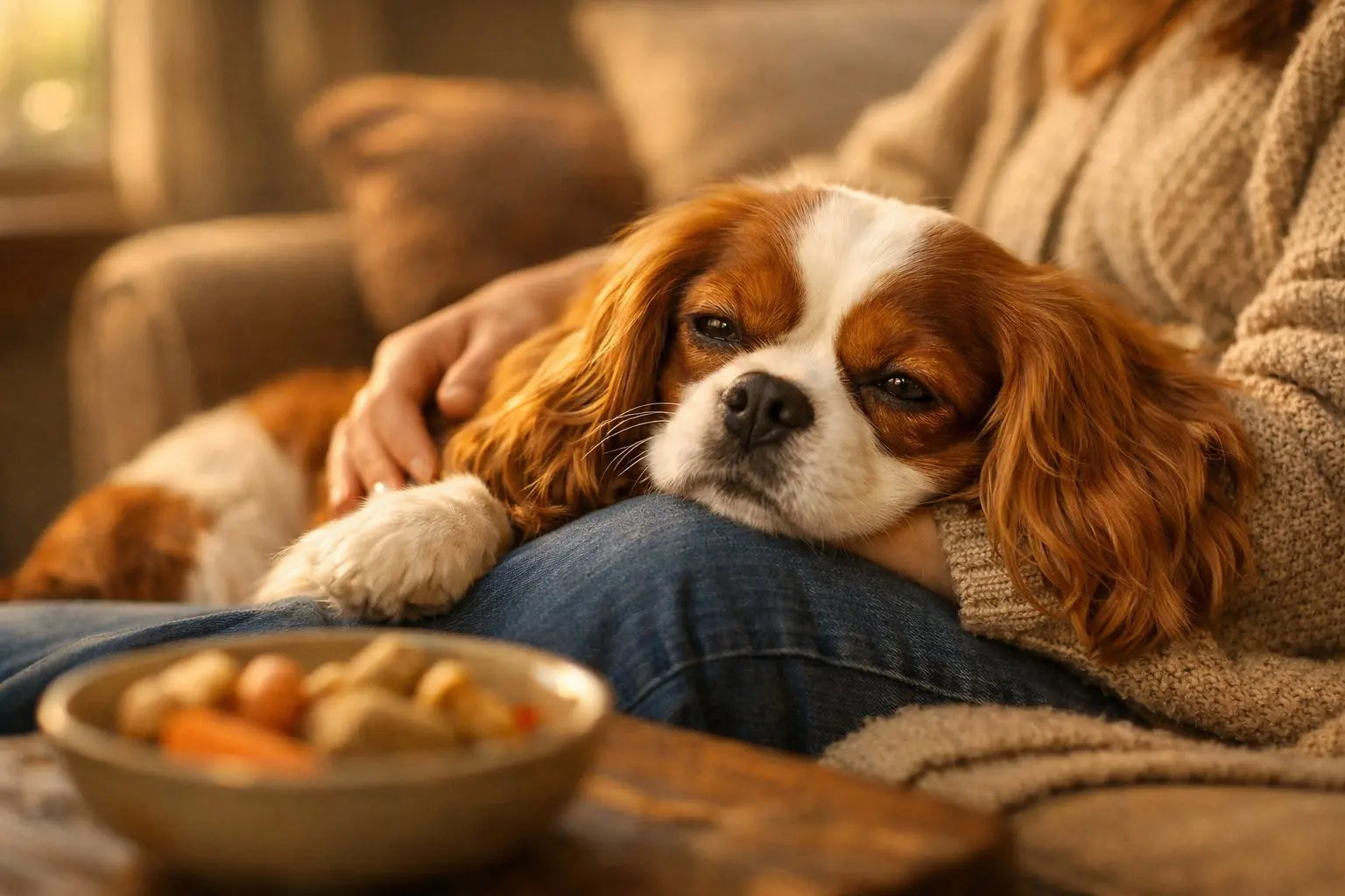 Cavalier King Charles Spaniel sitting in a lap, gentle loving companion
