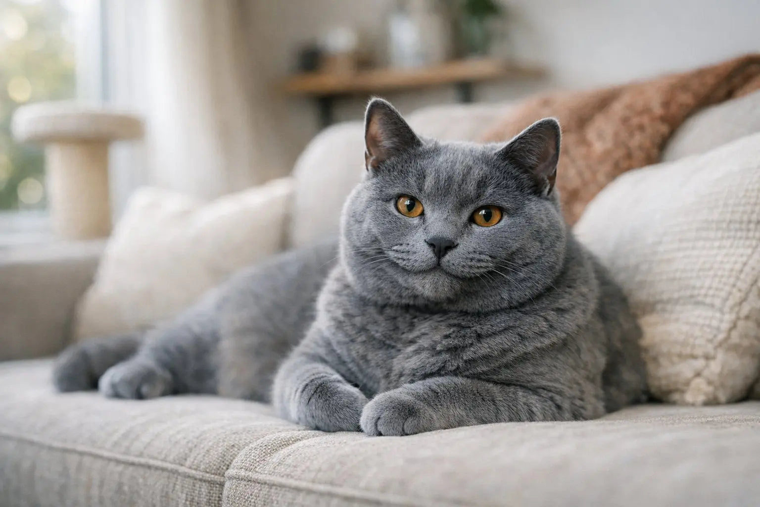 Chartreux cat with blue-gray woolly coat and copper eyes