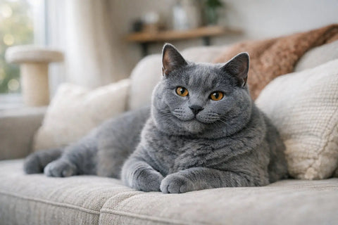 Chartreux cat with blue-gray woolly coat and copper eyes