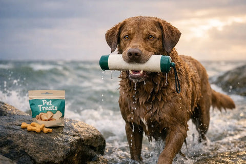 Chesapeake Bay Retriever standing confidently near water, showcasing its rugged coat and powerful build