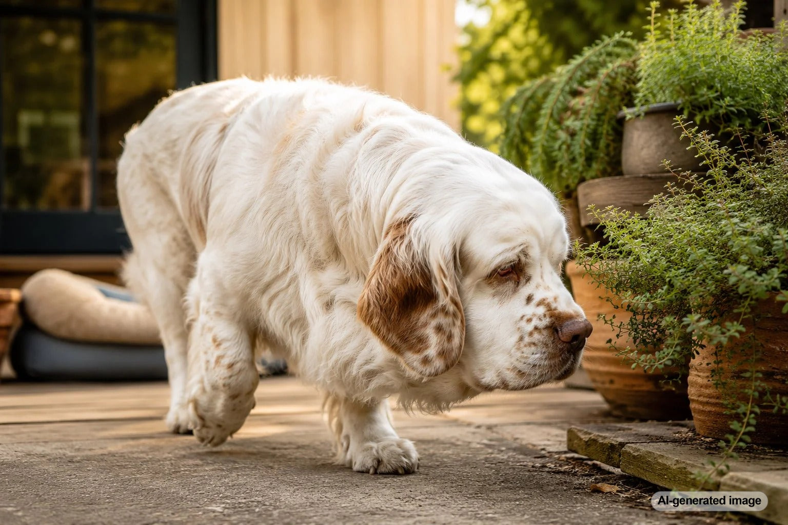 Clumber Spaniel enjoying a slow sniffing walk with a calm and curious expression