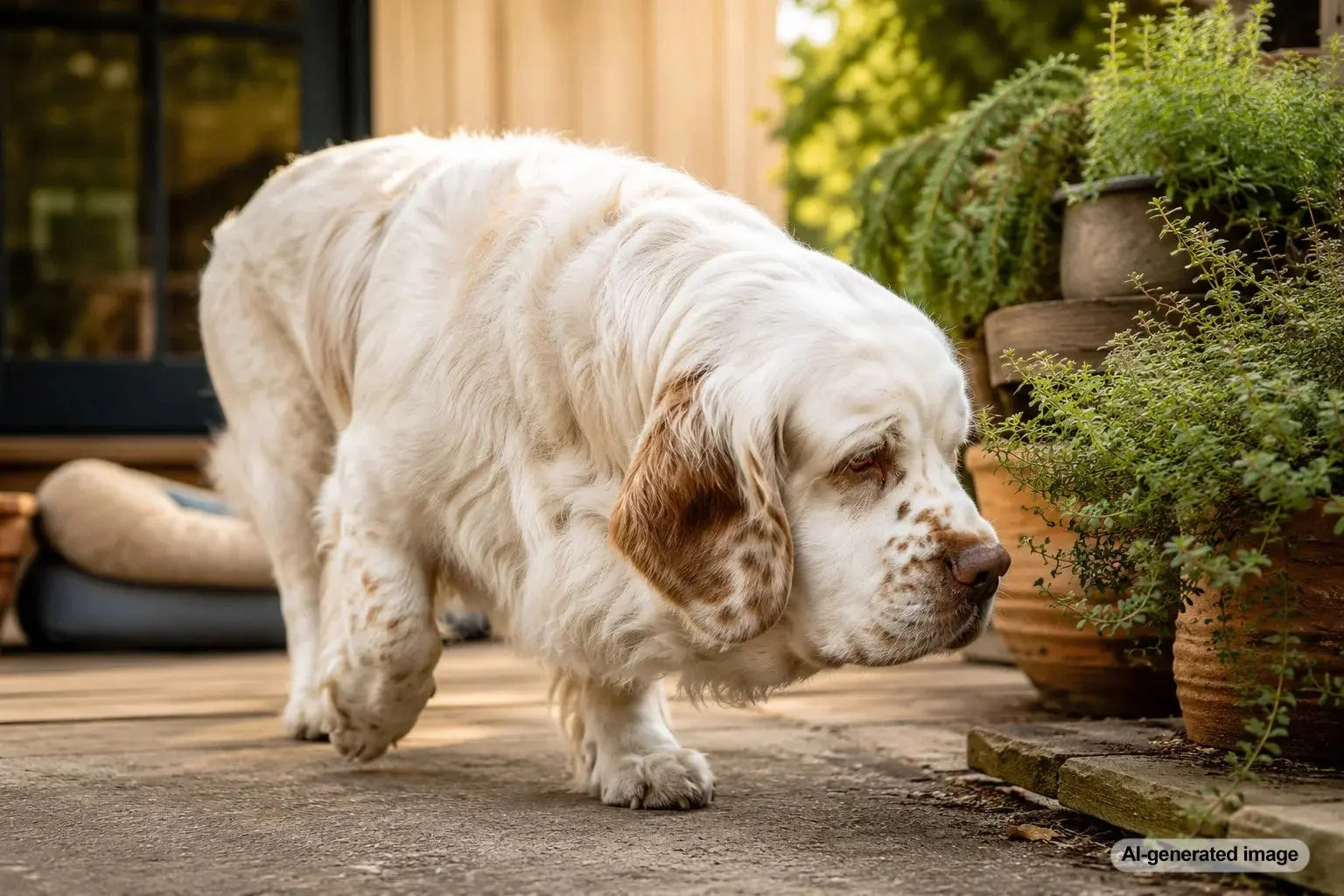 Clumber Spaniel enjoying a slow sniffing walk with a calm and curious expression