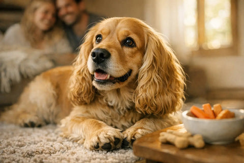 Merry-eyed Cocker Spaniel with feathered coat enjoying affectionate family time