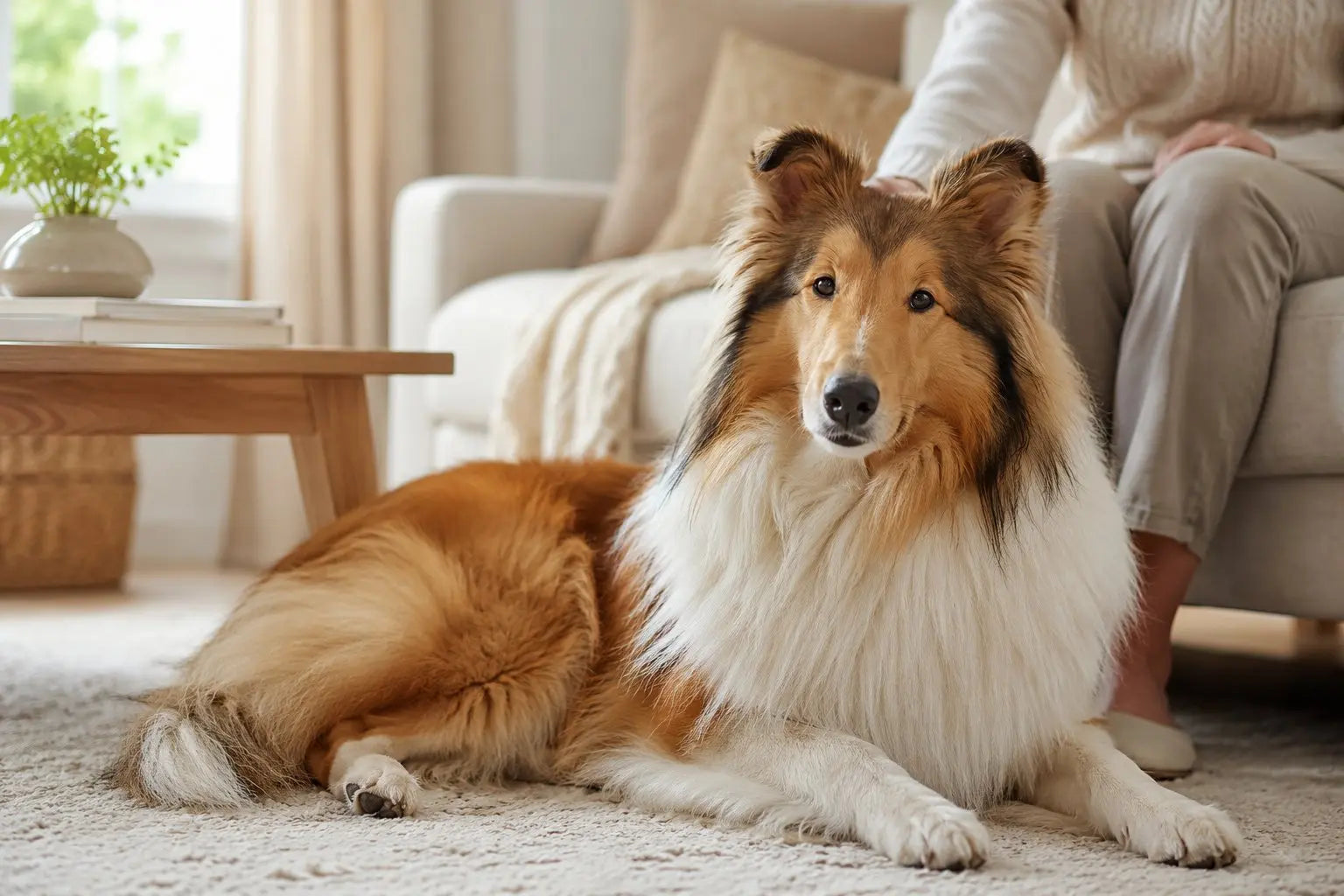 A graceful Collie standing outdoors, representing the elegant and gentle herding breed.