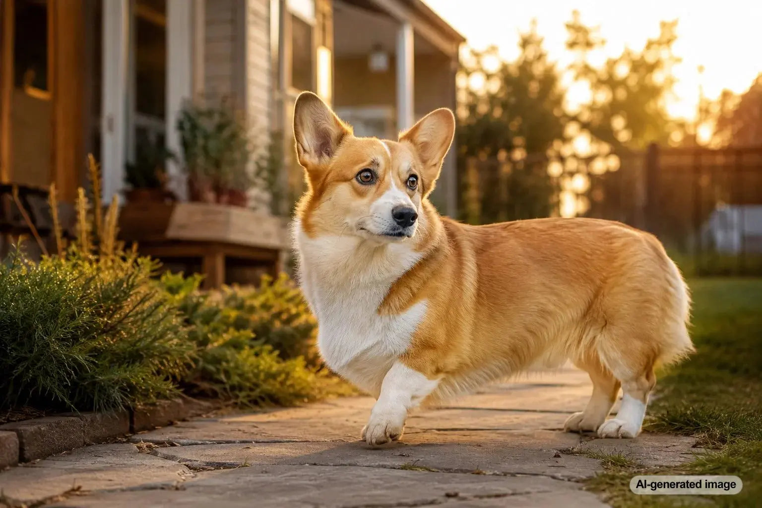 Alert Corgi standing indoors with upright ears and a confident herding-dog expression