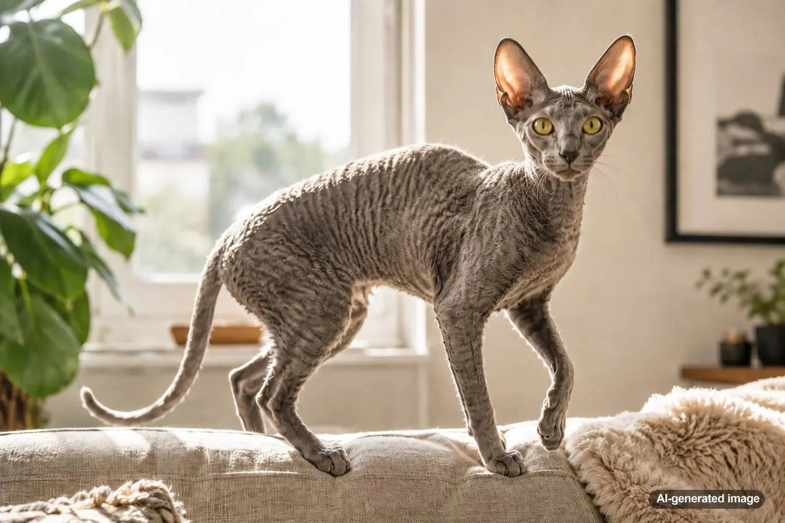 A playful Cornish Rex cat with a wavy coat, slender greyhound-like build, and curious pixie expression