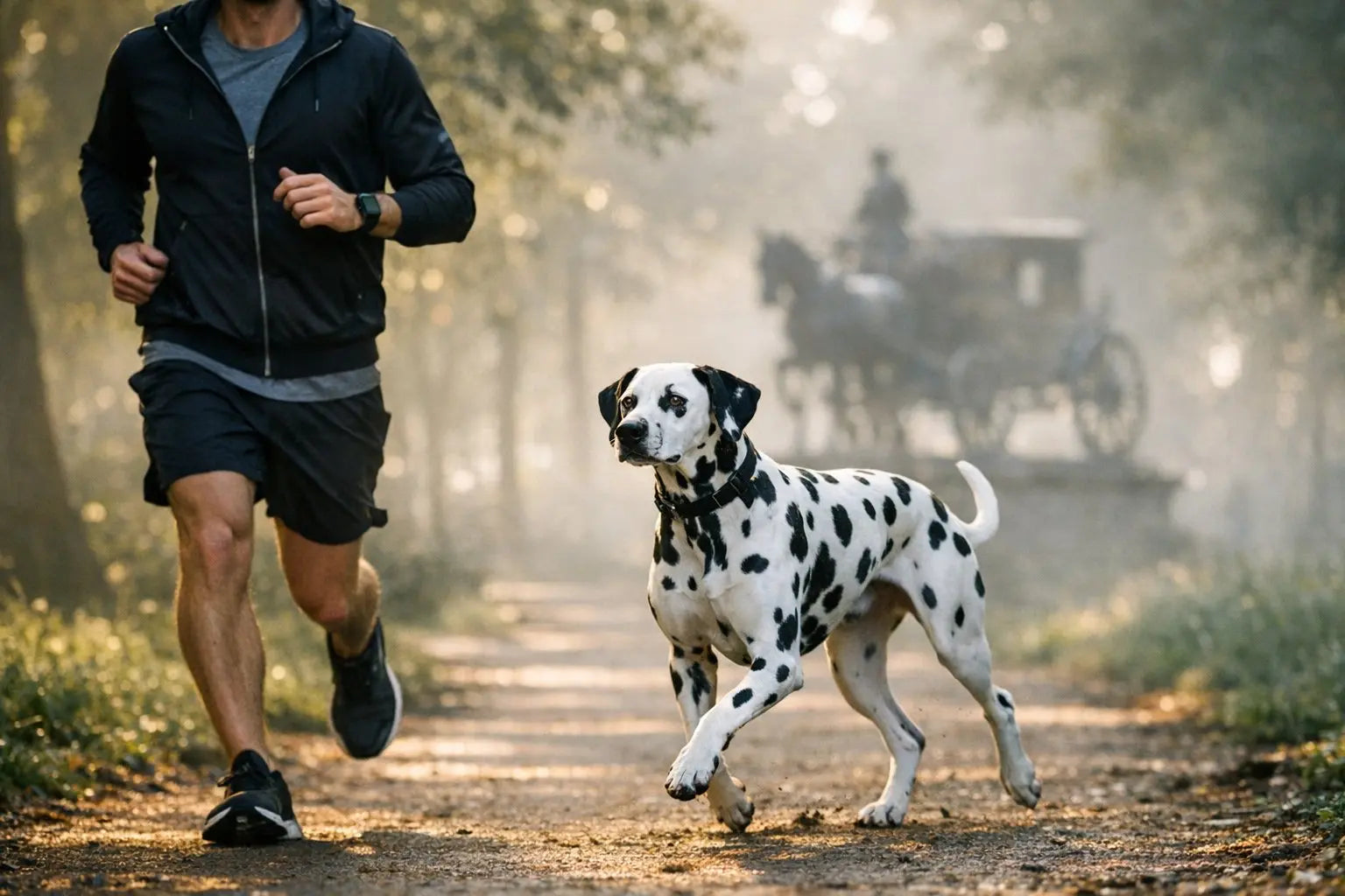 Dalmatian dog jogging outside with spots and athletic build