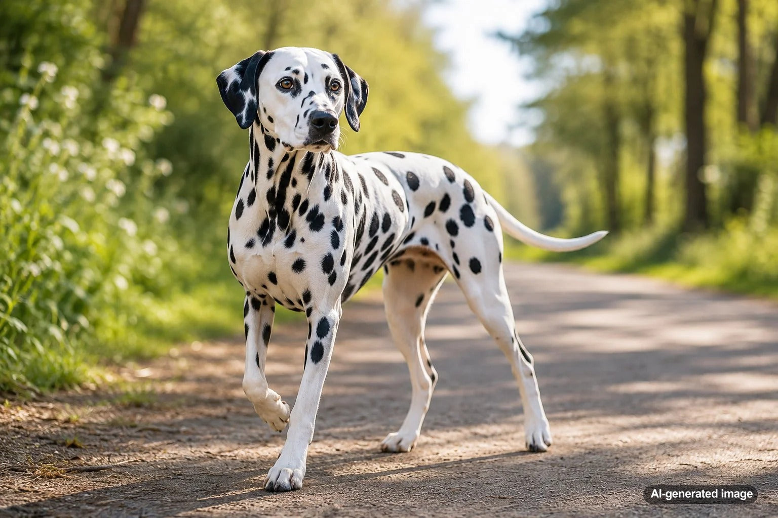 Dalmatian dog standing with a stylish spotted coat for a breed guide by Plato Pet Treats