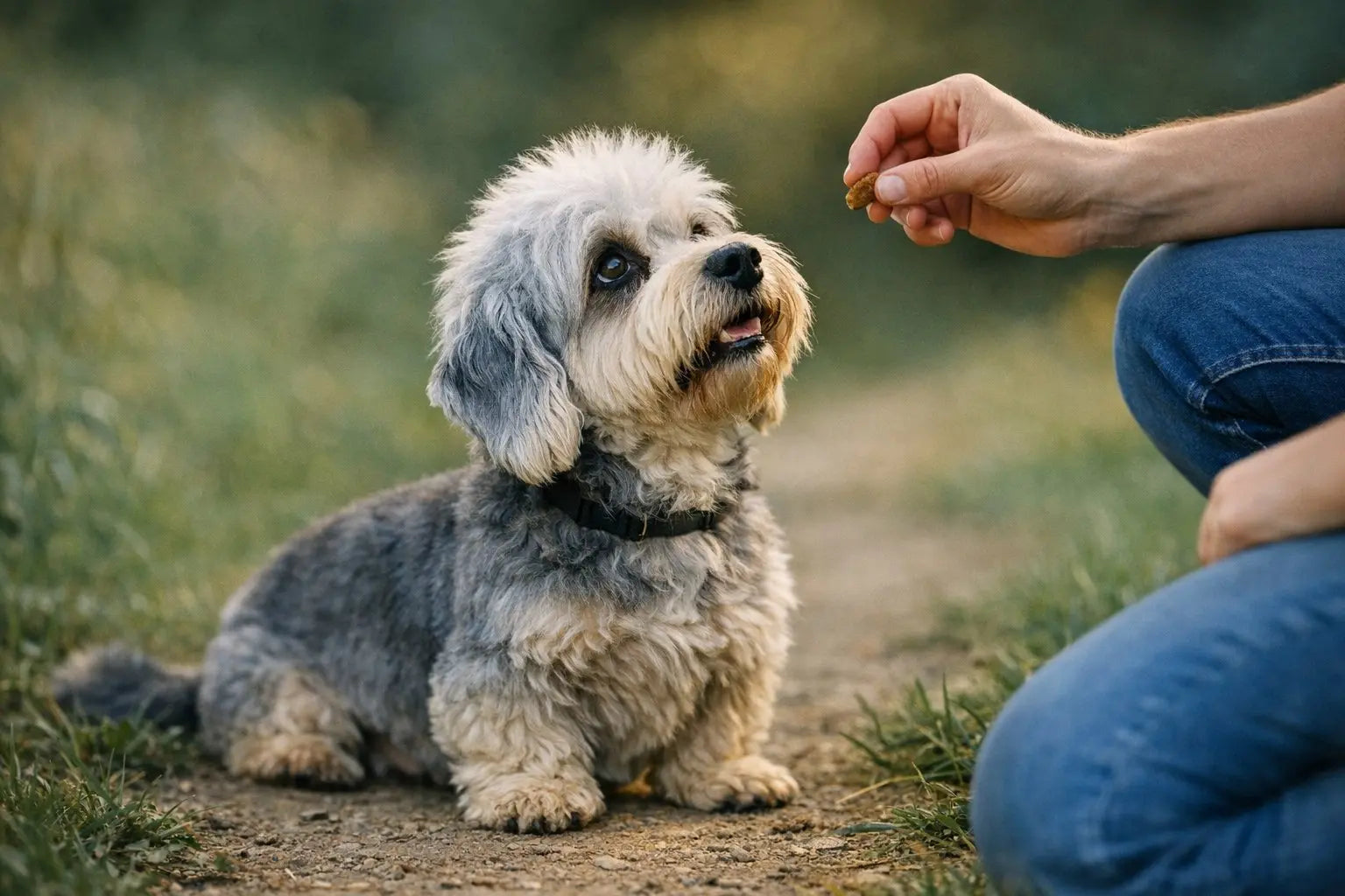 Dandie Dinmont Terrier standing outdoors with its distinctive long body, topknot, and expressive face
